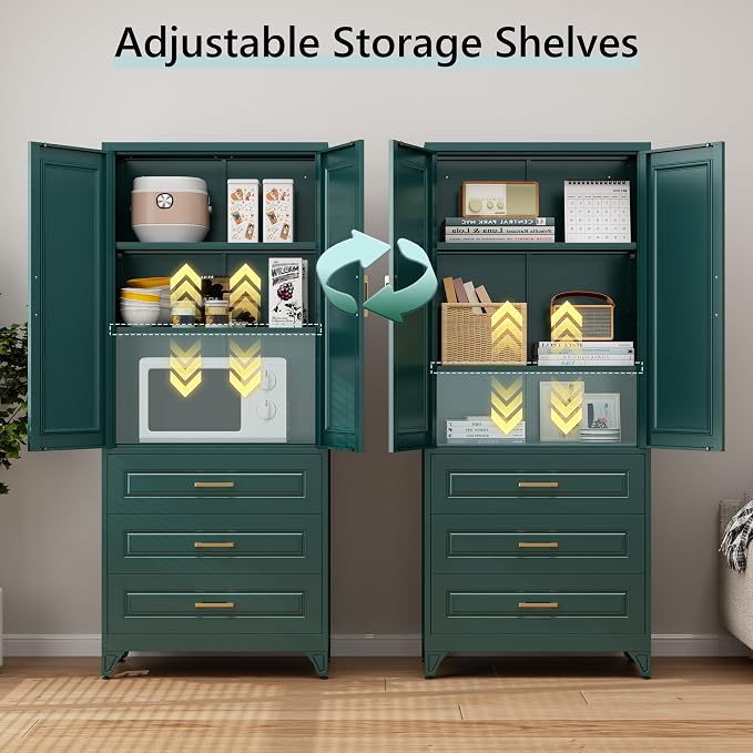 75" Metal Pantry Storage Cabinet with 3 Drawers, Green | Premium Cold-Rolled Steel Frame, Luxury Gold Handles, Adjustable Inner Shelves, Magnetic Doors, Anti-Tipping Kit