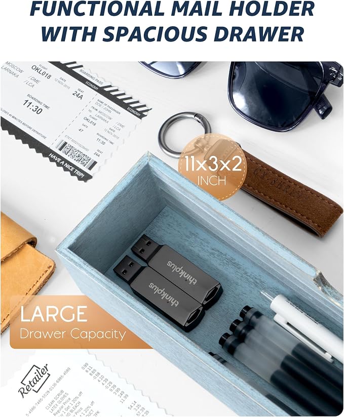 Rebee Vision Mail Organizer Wall Mount for Home Decor, Distressed Blue | Key and Mail Holder for Wall, 7 Key Hooks, Drawer Organizer, Mail Sorter, Key Hanger, Home Essentials, Room Decor Aesthetic