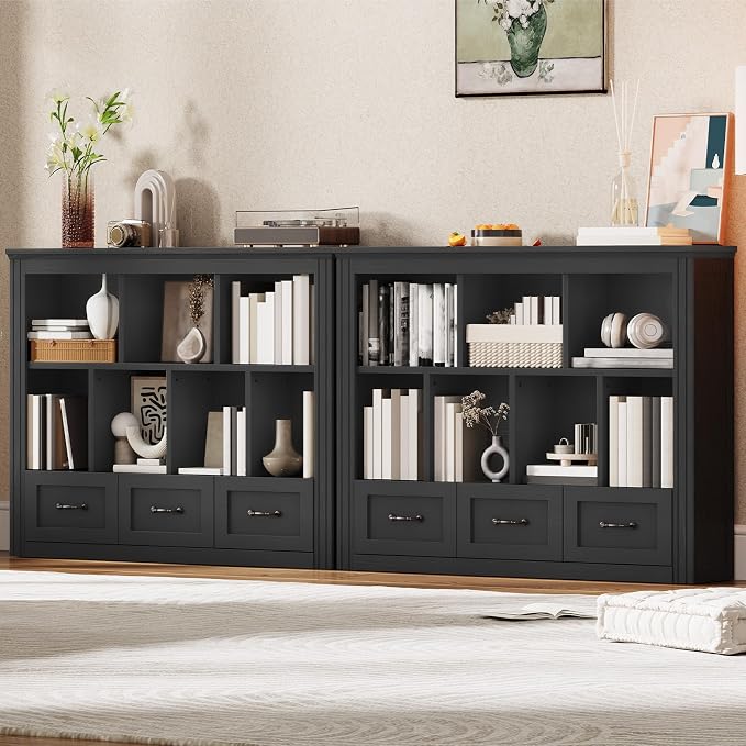 10 Cube Bookshelf Set of 2, Wooden Cubby Storage Organizer, Farmhouse Short Bookcase, Cube Shelf Bookcase with 3 Drawers, 3 Tiers Floorstanding Open Bookshelf, Black