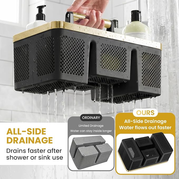 BYUNER Portable Cleaning & Shower Caddy with Handle: Rigid Plastic Basket with 4 Divided Compartments, All-Side Drainage for College Dorm, Bathroom & Utility Use, Black/Gold