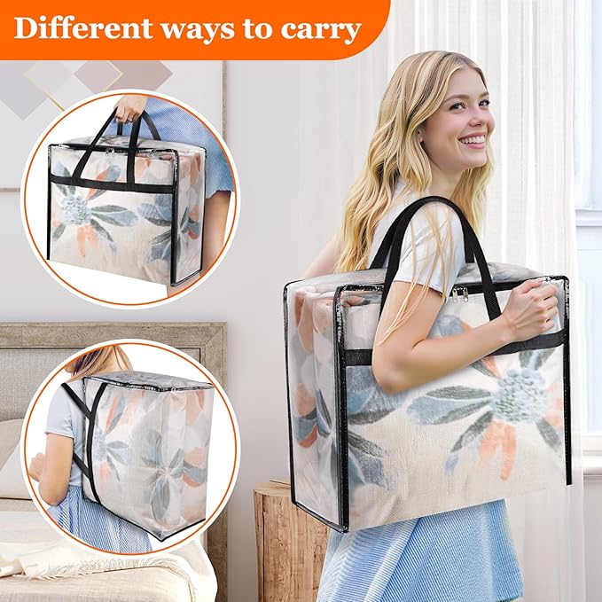 TasticTotes 8 Pack Clear Storage Bags for Comforter, Clothes & Bedding, 90L | Plastic Blanket Storage with Zipper & Handle, Foldable Moving Bags, Closet Organizer and Under-Bed Storage Containers
