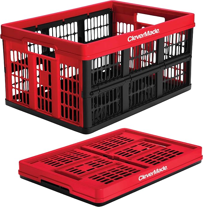 CleverMade Collapsible Utility Crates - Red 1pck 45L / 11 Gal holds 66 lbs - Stackable Containers Heavy Duty Capacity Crates Space-Saving Baskets