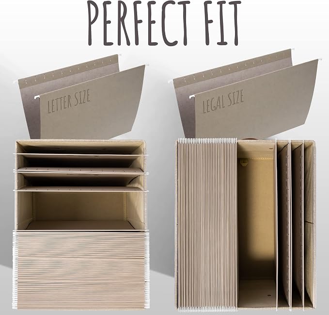Decorative File Organizer Box Set of 2 - Collapsible Linen Filing Cabinets | Stores Documents and Hanging File Folders - Portable Office Crates with Lid and Handles for Easy Slide Access