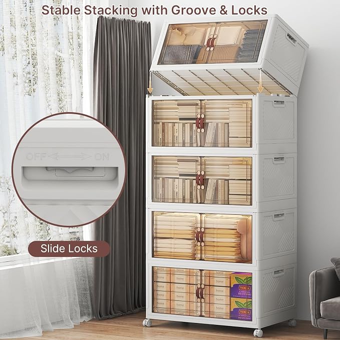 UAMFURI Stackable Storage Bins with Lids, 600QT Lockable Storage Cabinet | Folding Storage Box with Doors and Wheels, Collapsible Plastic Drawers for Home, Garage, Office