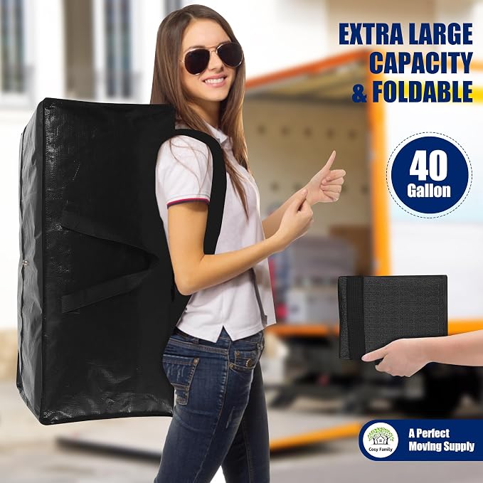 Cosy Family 8 Pack Heavy Duty Extra Large Moving Bags with Backpack Straps - Strong Handles & Zippers, Storage Totes For Space Saving, Fold Flat, Alternative to Moving Box (40 gal, Black)