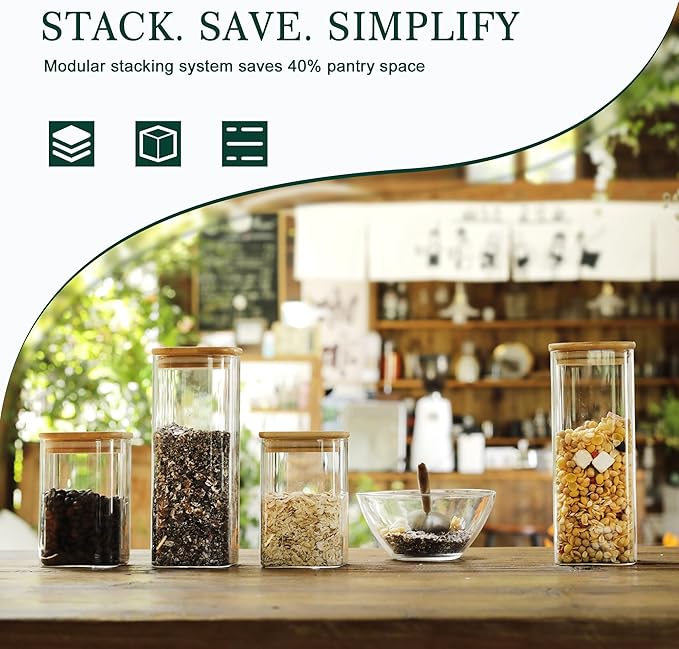 LIBWYS 12-Pack Square Glass Storage Jars with Bamboo Lids (0.6Qt/1.06Qt) - Stackable Food Containers for Pantry Organization, Coffee, Flour, Snacks, Tea | Kitchen Canisters Set | Stackable Dry Food Containers for Pantry Organization, Coffee, Flour, Sna...