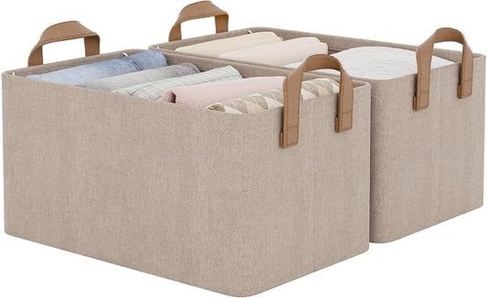 StorageWorks Storage Bins, Fabric Storage Bins for Shelves, Storage Baskets with Metal Frame, Closet Baskets and Bins with Handles, Brown and Beige, 2-Pack