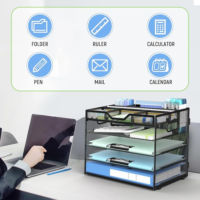 Docnest 5 Tier Mesh Desk Organizer with Removable Tray&Pen Holder, Black | Features 3 detachable pen holders and 4 removable dividers.Versatile mesh desktop storage for mail, document,office supplie