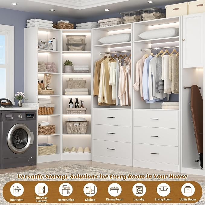 Besiost Closet System with 6 Drawers & 10 Shelves, Corner Closet Organizer System, Reversible Walk-in Closets, (L-Shaped 31.5" L * 31.5" W / I-Shaped 62.9" L * 15" W), Load 1500+LBS, White