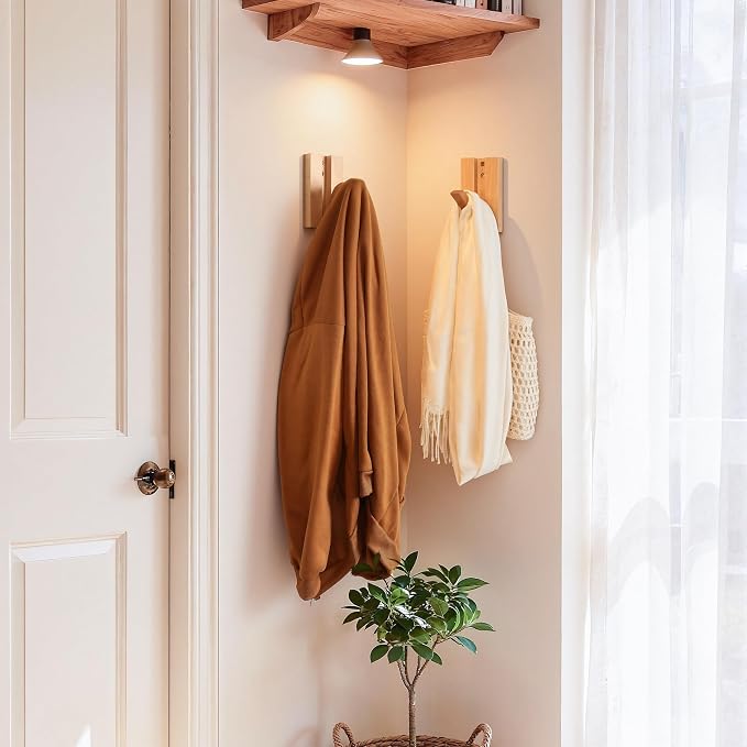 Wall Hooks for Small Space: 2Pack Foldable Wood Natural Coat Hooks | Hangers for Limited Spaces - Hanging Towel Backpack Bags Jacket - Space Saving Minimalist Design for Aesthetic Homeowners