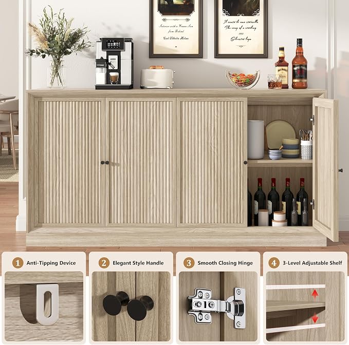 Hlivelood 63” Fluted Sideboard Buffet Cabinet with Storage, Mid Century Modern Wooden Credenza with 4 Doors & Adjustable Shelves, Beveled Edge Storage Cabinet for Kitchen, Living Room (Natural Oak)