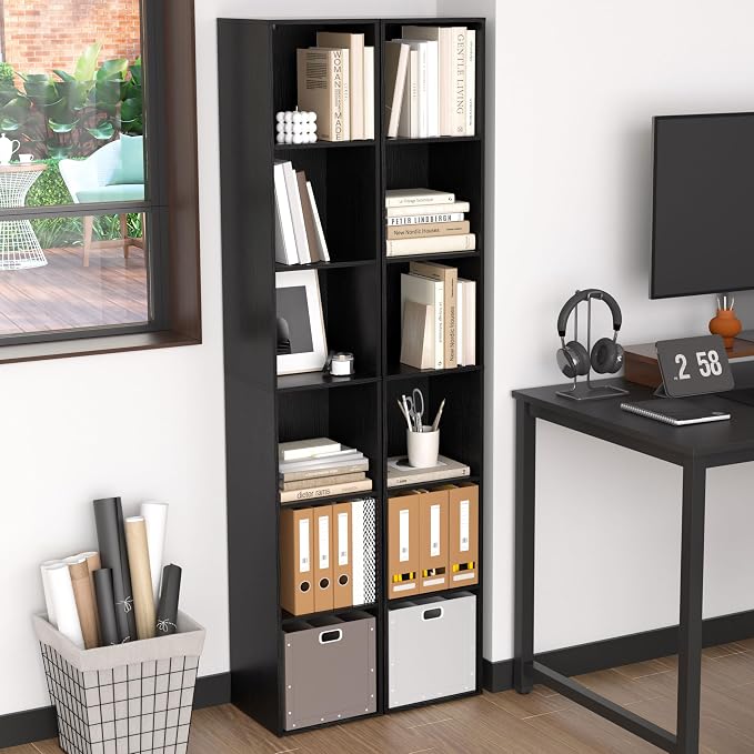 6 Cube Storage Organizer, Narrow Open Shelf Bookcase, Freestanding 6 Cube Storage Shelf, Moisture-Proof Scratch-Resistant Melamine Display Shelf for Bedroom, Living Room, Study, Home，Black