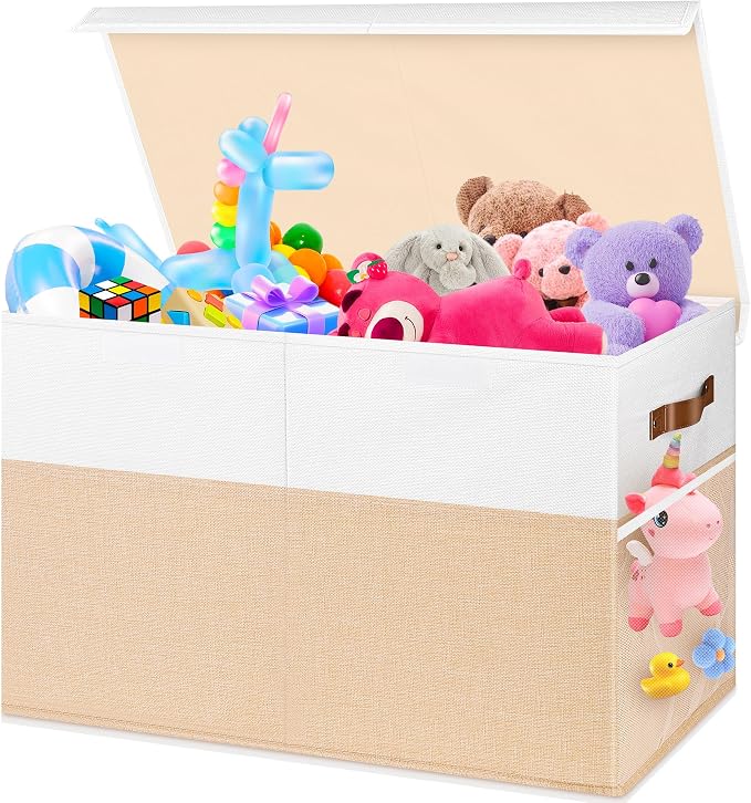 Large Toy Bins Box, Collapsible Storage Chest With Lids, 25"x13"x16" | Sturdy Kids Toy Storage Box with 2 Pockets and Dividers for Boys Girls, Bedroom & Living room Organization, White & Beige