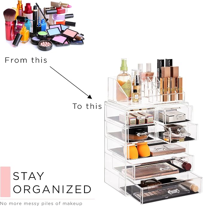 Sorbus Acrylic Makeup Organizer Set, 7-Drawer Vanity & Countertop Cosmetic Storage with Small & Wide Compartments, CLear Makeup Storage for Brushes, Jewelry – Holiday Gift for Women & Teens