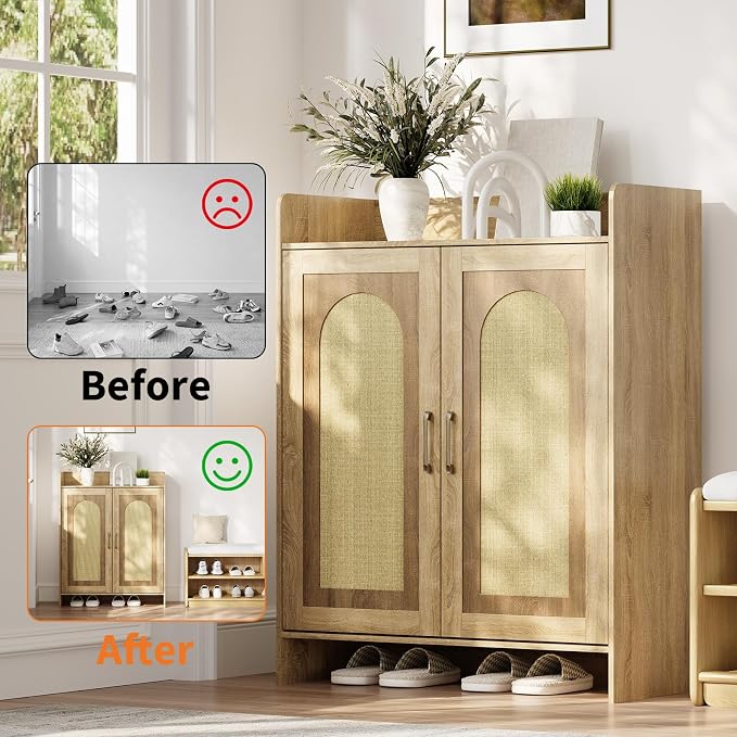 Garvee Shoe Cabinet Storage for Entryway, Rattan Storage Cabinet, Wooden Shoe Rack with 2 Doors, Farmhouse Boho Wood Shoe Organizer Cabinet for Entrance Hallway Living Room Foyer