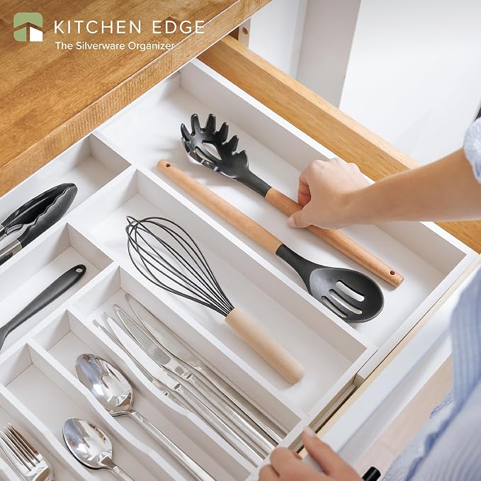 KitchenEdge Silverware & Utensil Drawer Organizer, 16-28 in, White Bamboo | Cutlery, flatware, food-safe contract grade, kitchen drawer fit