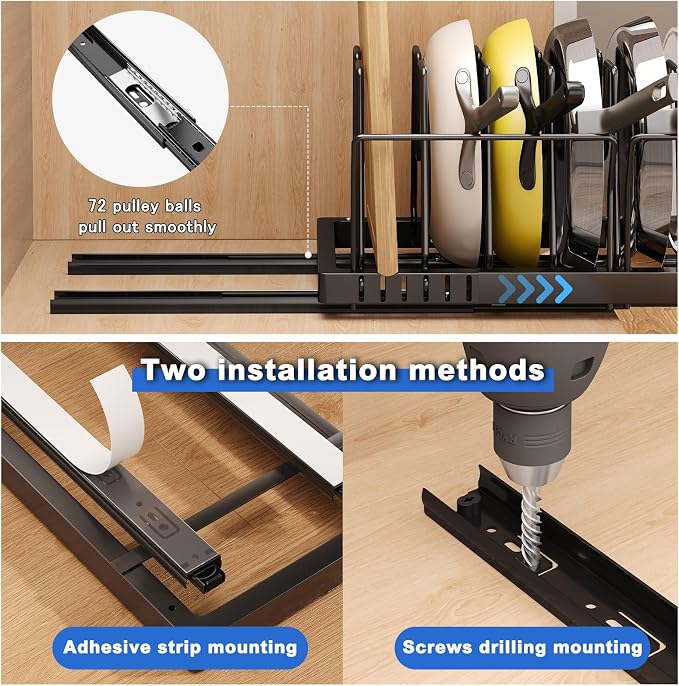 Mustorn 2 Pack Pots and Pans Organizer Under Cabinet, 21.6" Deep Pull Out Pot Lid Organizer Holder with Guardrail Adhesive Pot and Pan Holder Rack with 10 Adjustable Dividers(Black)
