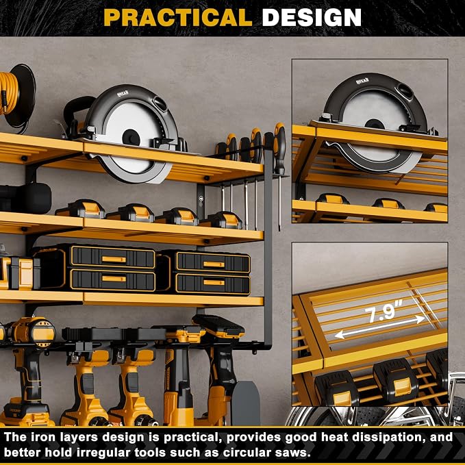 NattyDot Power Tool Organizer Wall Mount, 48-Inch 12 Drill Holders, Yellow | Extra-wide 48-inch Heavy-duty Wall Rack Stores 12 Cordless Drills and Assorted Tools, Maximizing Garage and Workshop Storage