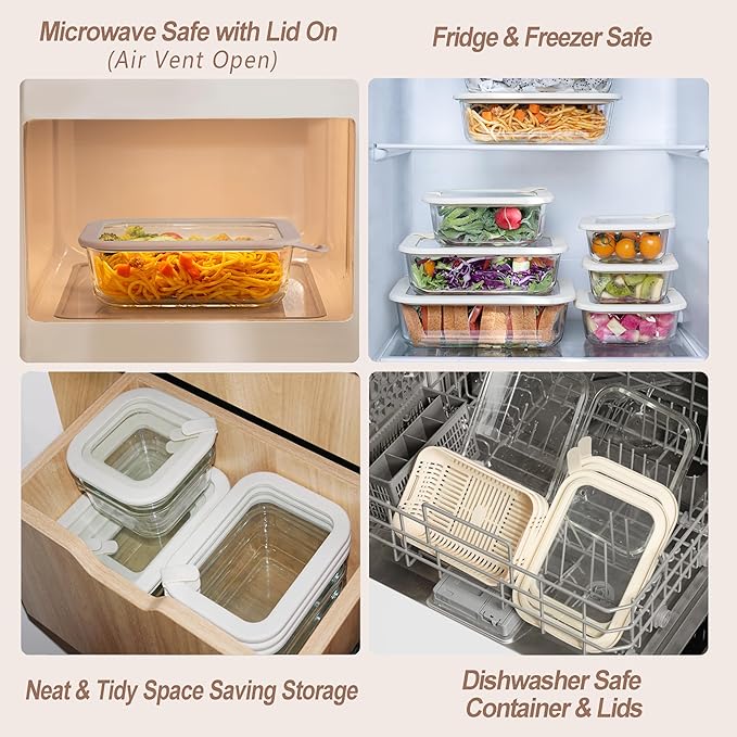 Glass Food Storage Containers with Glass Lids, Microwave Safe Food Container Set, Airtight Meal Prep Containers, LeakProof, 100% Plastic Free, 6 Pack