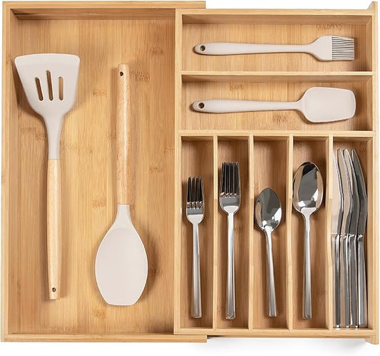 KitchenEdge Silverware & Utensil Drawer Organizer, 10.5-19 in, Bamboo | Cutlery, flatware, food-safe contract grade, kitchen drawer fit