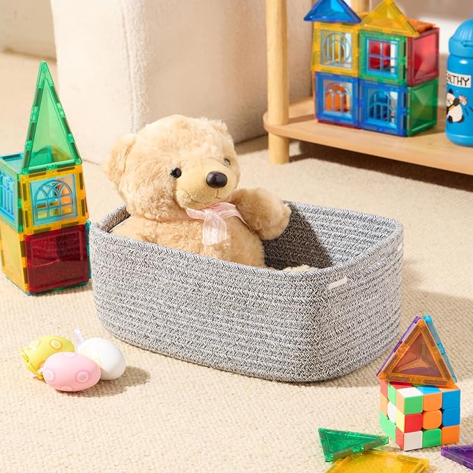 MiniArk Small Storage Baskets for Organizing | Closet Organizer Bins | Shelf Toy Basket | Woven Rope Baskets | Cube Decorative Box | Shallow Basket | 13x8.5x5.1” | 3 Packs Mixed Grey