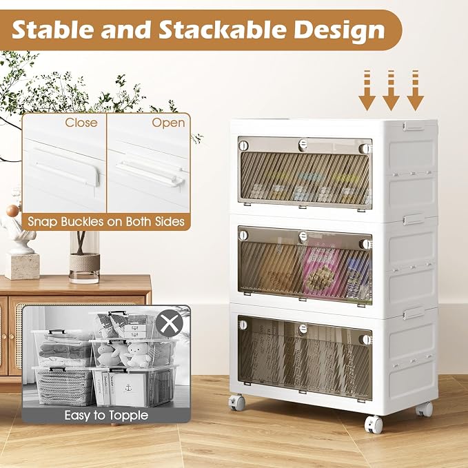 3-Tier Stackable Storage Bins, 33-gal Collapsible Storage Boxes with Lid, 3-Way-to-Open Drawers, Foldable and Stackable Closet Storage Organizer with Wheels for Bedroom, Cloakroom, Dorm