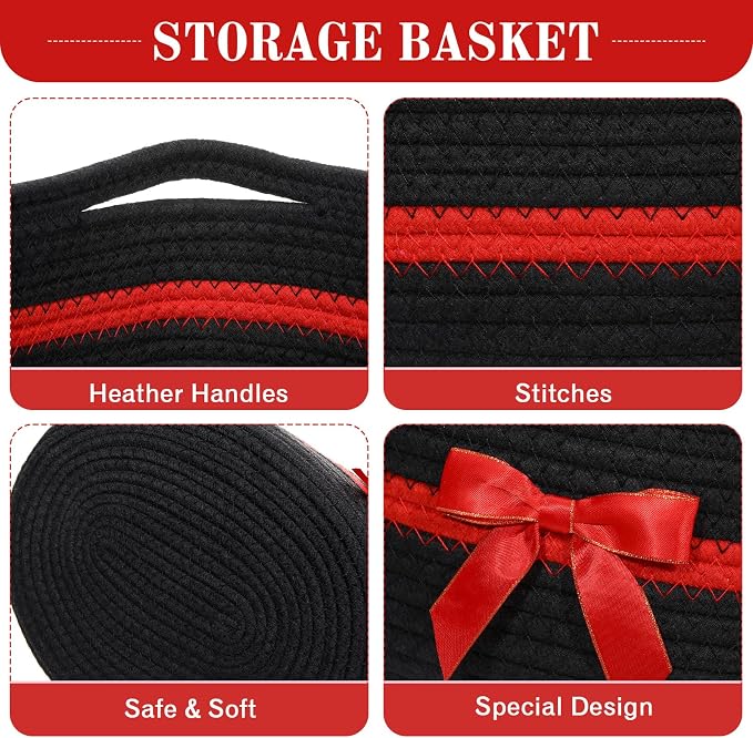 Colingmill 1 Set Woven Empty Basket for Gift,Black Red | with Cellophane Wrap Set, 14 x 10 x 5.5 Inch, Medium Decorative Gift Basket, Cotton Rope Storage Box, Home Decor
