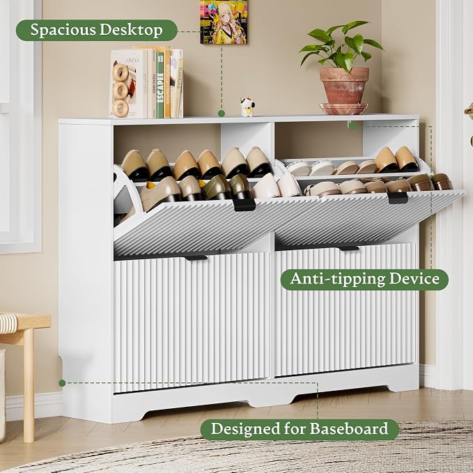 Xixini Shoe Storage Cabinet for Entryway with 4 Flip Drawers, Hidden Slim Wood Shoe Organizer with Modern Fluted Panel, Freestanding Narrow Shoe Rack for Front Door Entrance, Hallway, Foyer, White