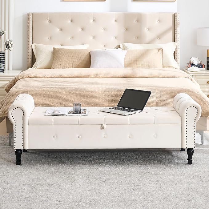 Storage Bench 67" Velvet End of Bed Benches Cream Beige | King Size Storage Bench for Bedroom with Rolled Arms Tufted Ottoman Benches Upholstered Bench for Living Room Entryway