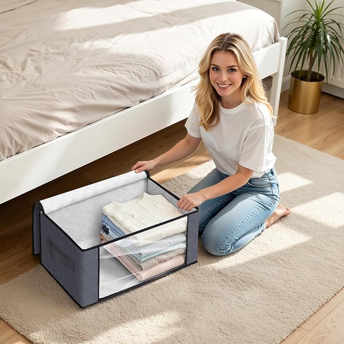Fab totes 35L Closet Organizers and Storage, Foldable Under Bed Storage Containers, Storage bags for Organizing Bedroom, Closet, Clothing,Organization with Handle (4 Pack,Grey)