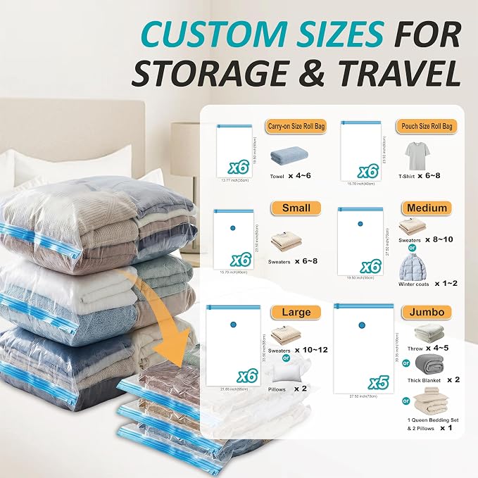 Cozy Essential Vacuum Storage Bags, 80% Compression Vacuum Seal Space Saver Plastic Packaging Bags for Clothes, Blankets, Pillow, Bedding, Comforters, Sealer Clothing Storage,35 Combo