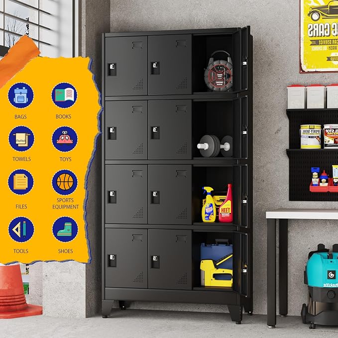 PAOFIN Metal Storage Lockers for Employees with Lock,Metal Storage Locker with 12 Doors for School Garage Office Gym Bedroom,Assembly Required,12 Door Black