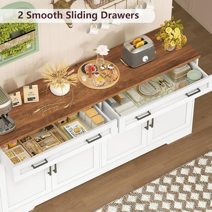 usikey 63" Buffet Cabinet with Storage, Large Sideboard Buffet Cabinet with 2 Adjustable Shelves and 4 Doors, Modern Farmhouse Coffee Bar for Kitchen, Living Room, White