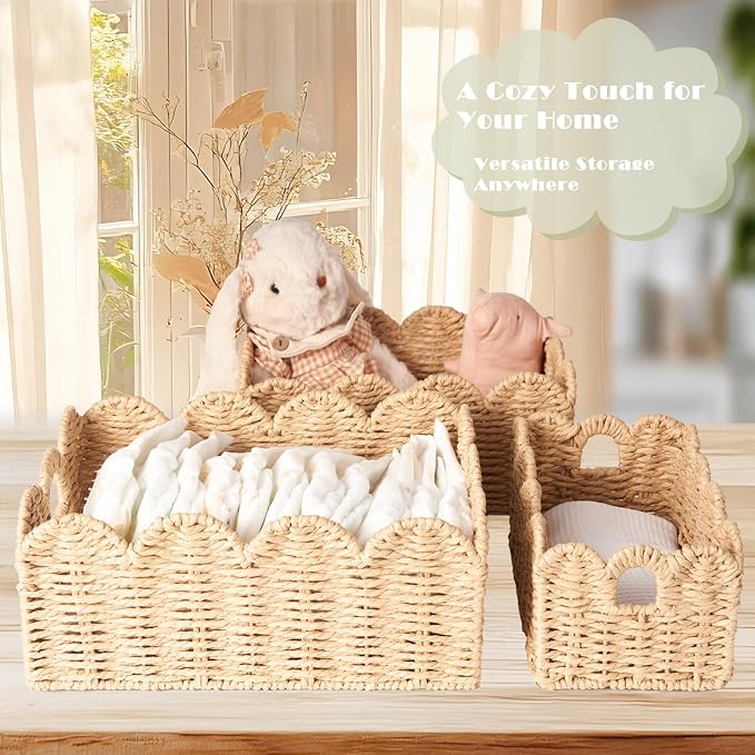 Scalloped Wicker Baskets Set of 3, Hand-Woven Storage with Handles | set of 3 beige scalloped baskets with handles. Hand-woven paper rope for shelves, bathroom or closet. Stackable, sturdy.