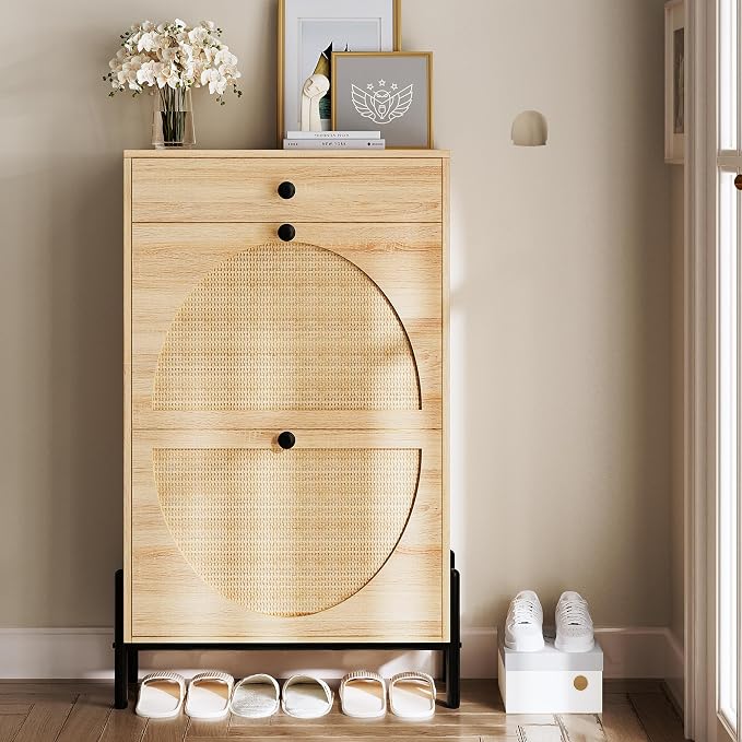 IRONCK Narrow Shoe Cabinet with 2 Flip Drawers and Rattan Doors, Oak | Shoe Storage Cabinet for Entryway, Free Standing Shoe Storage Organizer, Adjustable Shelves, Shoe Rack Cabinet