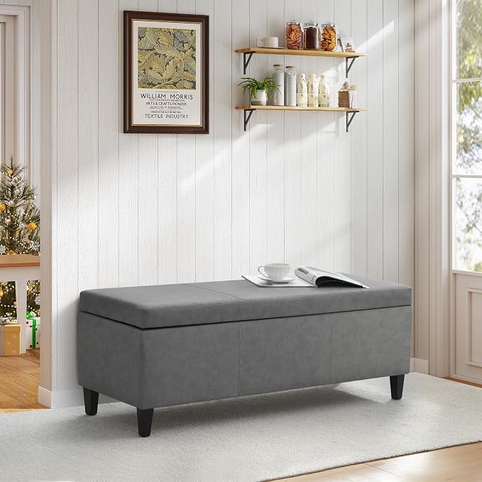 Storage Ottoman Bench 50.3" Faux Leather Upholstered End of Bed Bench, Grey | Hidden Storage Accent Ottoman for Living Room, Bedroom, Entryway, Wooden Legs, Safety Hinges, Load up to 300lb