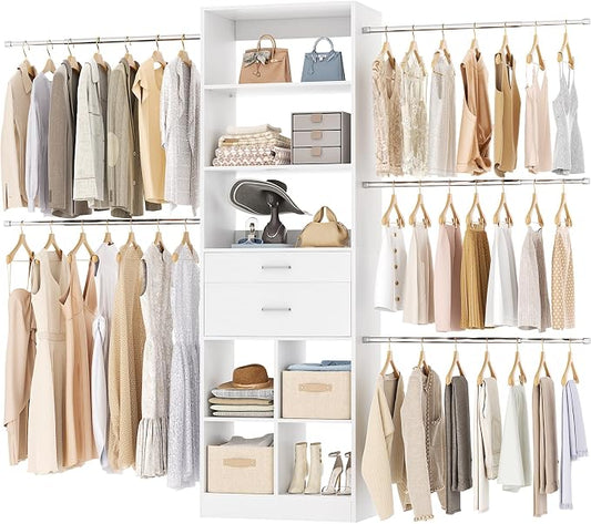 Besiost Closet System, 4-8 FT Closet Organizer Tower with 2 Wooden Drawers and Shelves, Can Fit 60 to 96 inch Walk-in Closet System with 5 Hanging Rods, Built-in, White