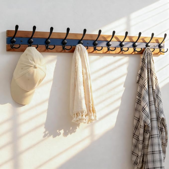 SKOLOO Rustic Wall Mounted Coat Rack - 38-1/8" Long Coat Hooks for Wall with 10 Triple Hooks for Hanging Coats, Hats or Tools, Western National Parks Collection, Wood Brown & Blue