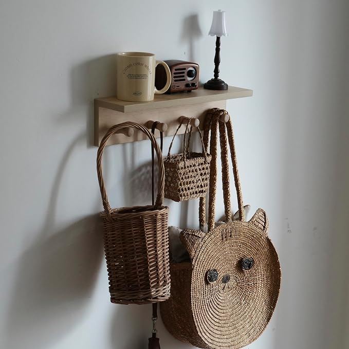 Entrance Coat Rack ，Coat Hooks, Wall-Mounted Wooden Hook Rack, Wall-Mounted Shelves(Birch Color Finish—A-1)