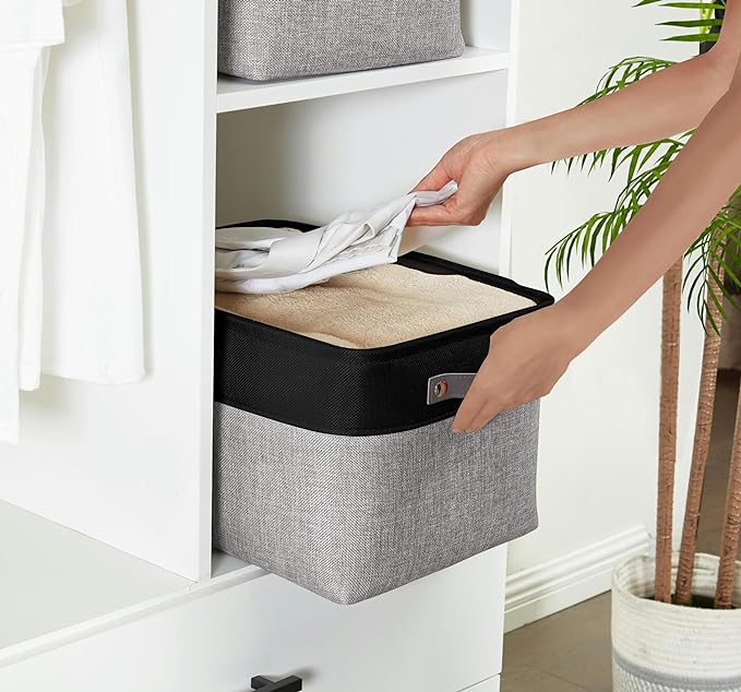DECOMOMO Storage Bins, Large Fabric Storage Baskets for Shelves 4 Pack | 15 x 11 x 9.5 inches Decorative Linen Closet Organizers (Grey & Black)