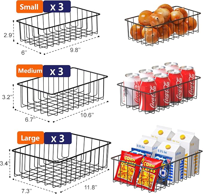 Joben Oligey 9 PACK (3 Szie) Small Wire Storage Baskets for Organizing,Pantry Organization Bins for Cabinets, Metal Basket for Kitchen, Bathroom Organizer (Black-9)