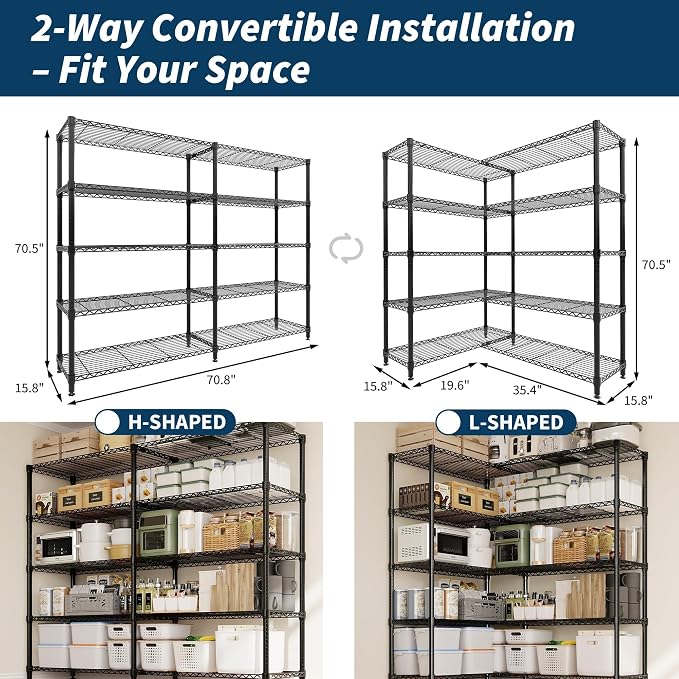 Garvee 71" Wide Storage Shelves Metal Shelving Units 5 Tier, 1325LBS | Heavy Duty & Adjustable Wire Shelving Rack, Standing/L-shaped, Use for Garage Kitchen Pantry Warehouse, Black