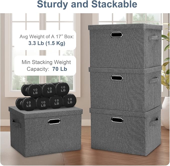 Graciadeco Large 17" 36 Quart Collapsible Stackable Storage Bins with Lids, 5 Packs Gray Foldable Fabric Closet Storage Boxes with Lids, Heavy-duty Linen Cube Baskets(17 x 12 x 11) | 36 Quart 5 Pack Gray1 Collapsible Stackable Linen Fabric 4 Handles Be...