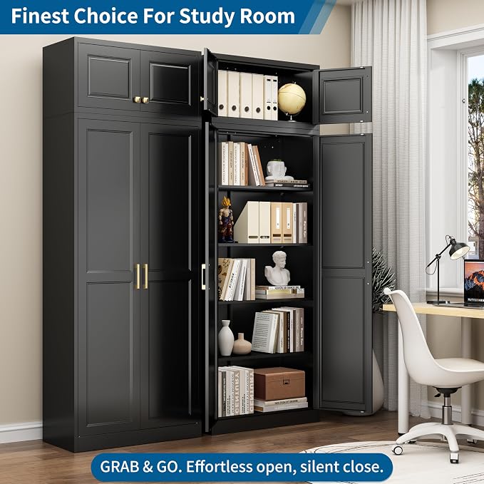 86" Tall Black Metal Storage Cabinet with Doors (2 Boxes) | Freestanding Heavy Duty Steel Kitchen Pantry Cabinet, 4 Adjustable Shelves, Extra Large Cupboard for Home, Office and Garage