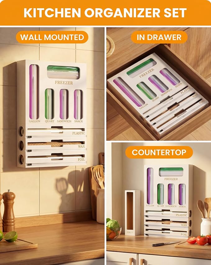 Bamboo Foil and Plastic Wrap Organizer for Kitchen Drawer, 9 in 1 Plastic Bag Organizer Organization and Storage, Food Storage Bag Organizer with Labels for Quart Gallon Snack (White)