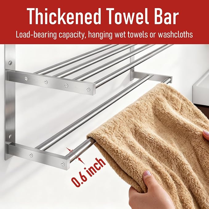 Taaji Towel Rack with Shelf 24 inch Double Towel Bars, Brushed Nickel | 3 Tier Towel Racks for Bathroom, Stainless Steel Bathroom Shelf with Hotel Bath Towels Storage, Wall Mounted