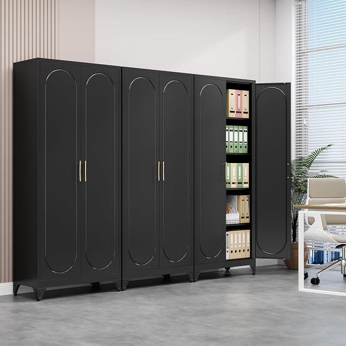 Polup 75" Tall Metal Kitchen Pantry Storage Cabinet with Doors and Shelves | Black Heavy-Duty Steel, 4 Adjustable Shelves & Magnetic Latch, Leveling Feet & Anti-Tip, for Office, Garage, Laundry & Home