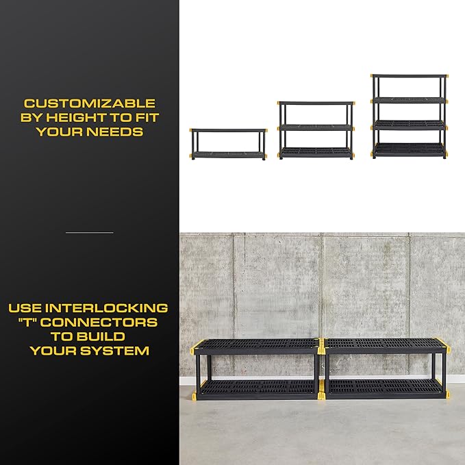 CX Black & Yellow, 4-Tier Heavy Duty Plastic Storage Shelves that Support up to 200lbs/shelf, Organization and Storage, Weather-Resistant Design, Easy Assembly (55" H x 48" W x 20" D) | Freestanding garage utility rack with easy assembly, 4 shelves at ...