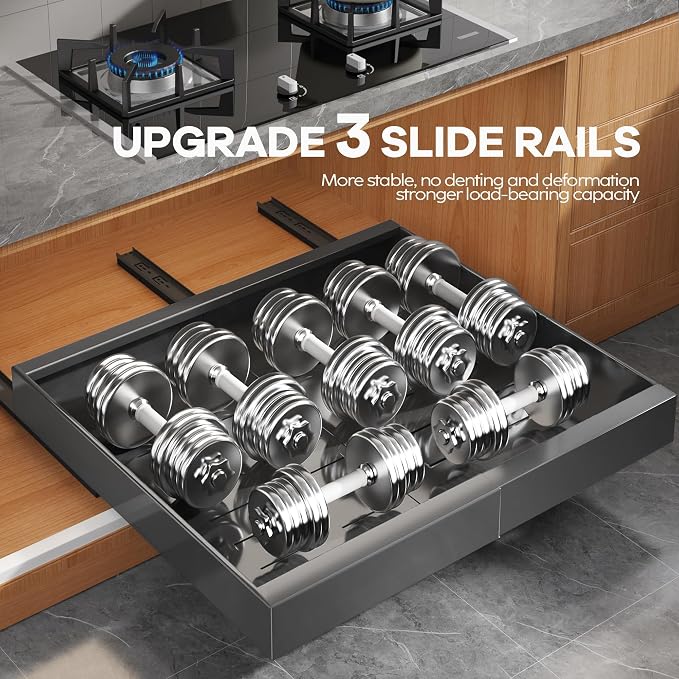 Seinloes 2 Pack Expandable Pull Out Cabinet Organizer 21"Deep With Raising Pad for Framed Cabinets,Upgrade 3 Slide Rails Slide Out Drawers,Roll Out Shelves Adhesive,Adjustable Width 15.15"-26.3" Black