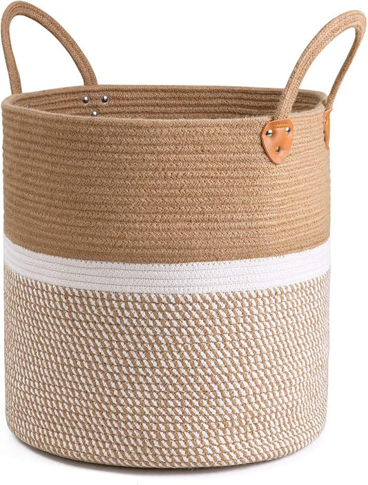 CHICVITA Large Wicker Storage Basket with Leather Handles, 16" x 16", White | Decorative Woven Basket for Toys, Shoes, Blankets & Laundry Storage, Living Room & Bedroom Organizer, Indoor Plant Basket